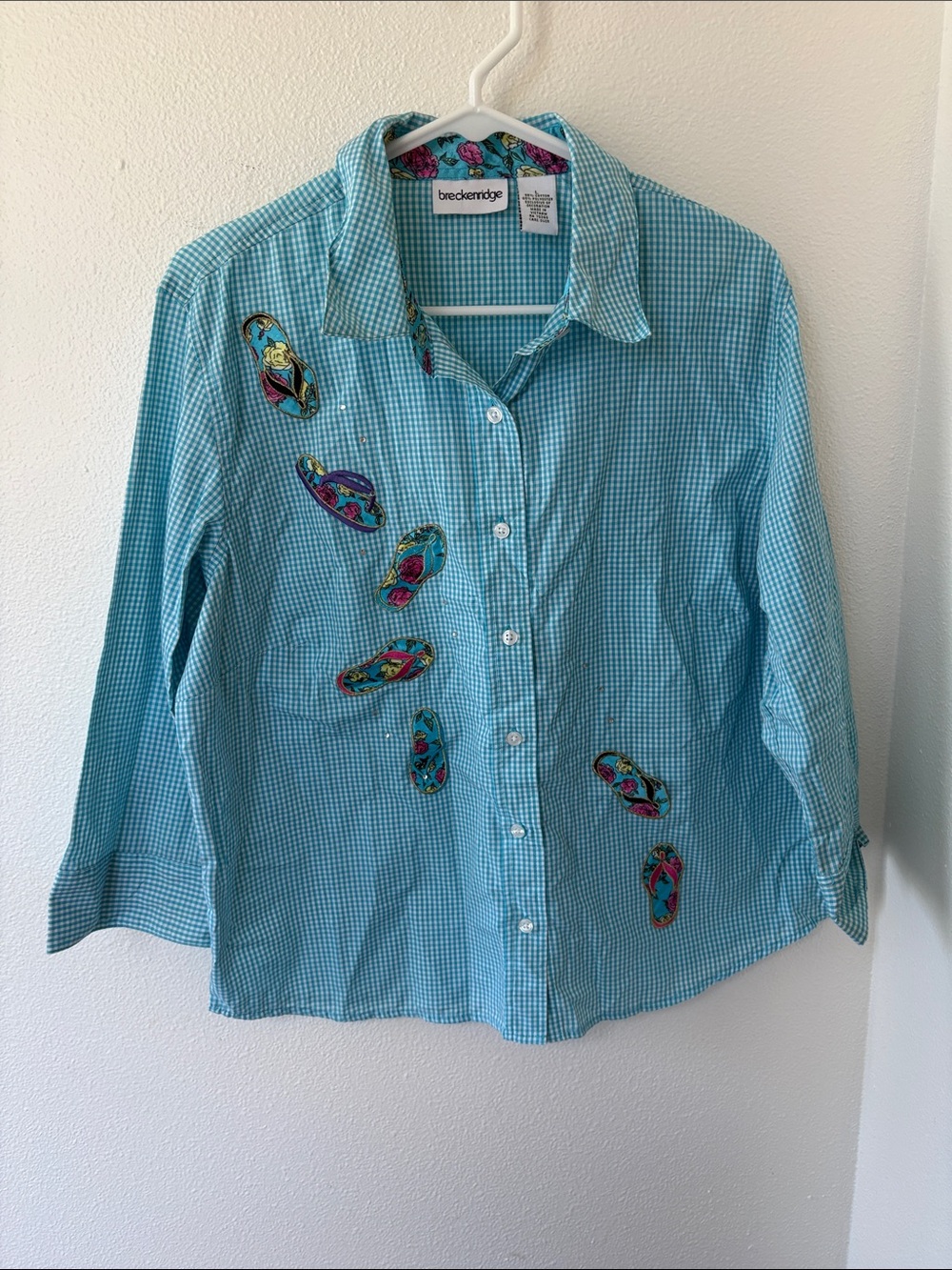 VTG Breckenridge Teal Blue Gingham Button-Down Shirt with Flip-Flop Embroidery